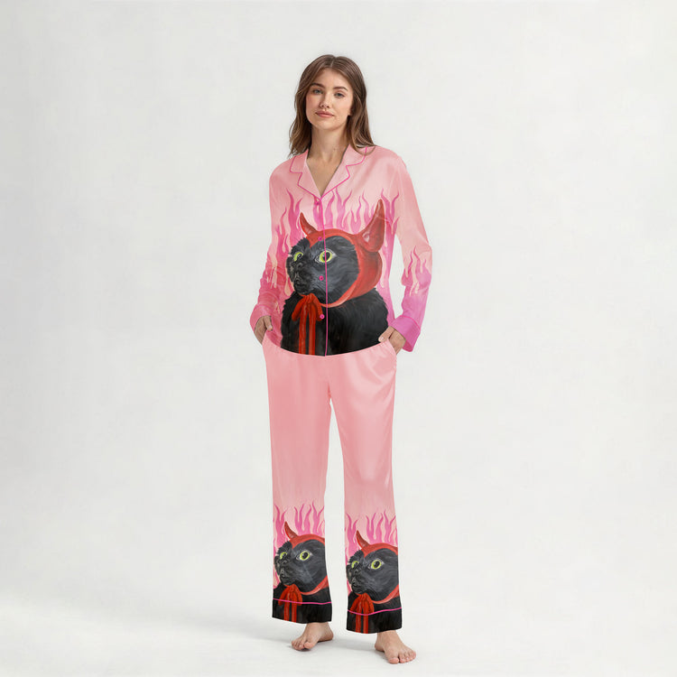 
                    
                      Women's Oil Painting Devil Black Cat Long Sleeve Silky Satin Pajama Set detail view
                    
                  