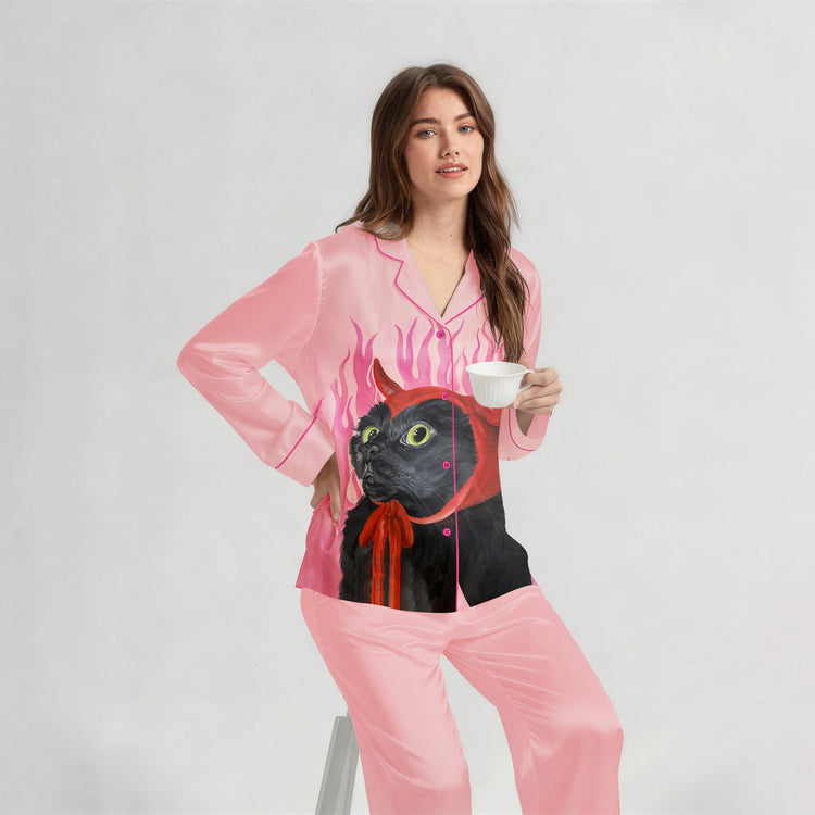 Women's Oil Painting Devil Black Cat Long Sleeve Silky Satin Pajama Set front view