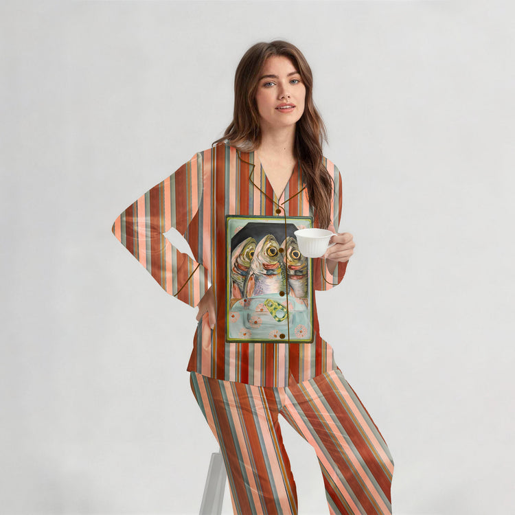 Women's Oil Painting Sardine Fish Long Sleeve Silky Satin Pajama Set front view