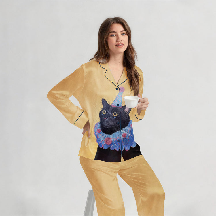 Women's Oil Painting Party Black Cat Long Sleeve Silky Satin Pajama Set front view