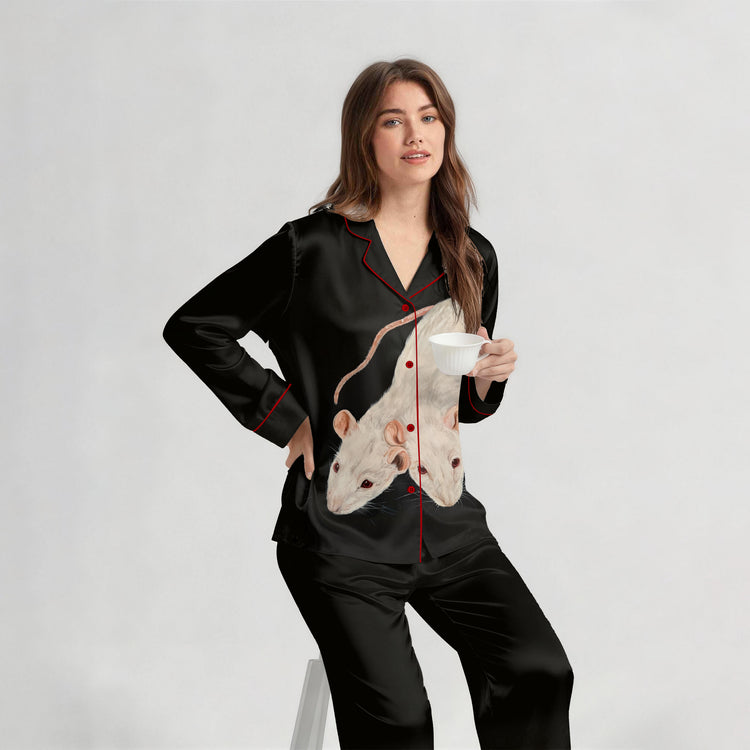Women's Oil Painting White Mouse Long Sleeve Silky Satin Pajama Set front view