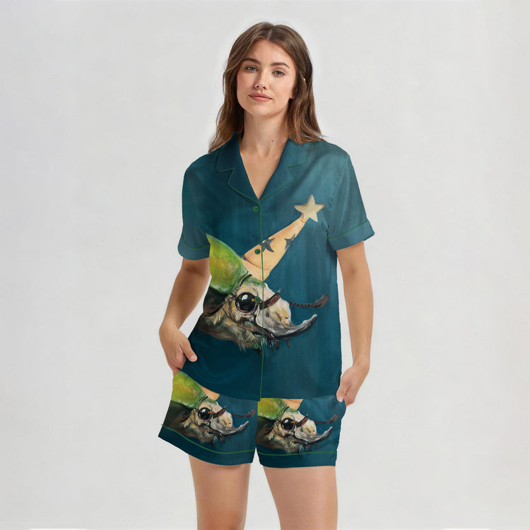 Women's Oil Painting Party Animal Short Sleeve Silky Satin Pajama Set front view