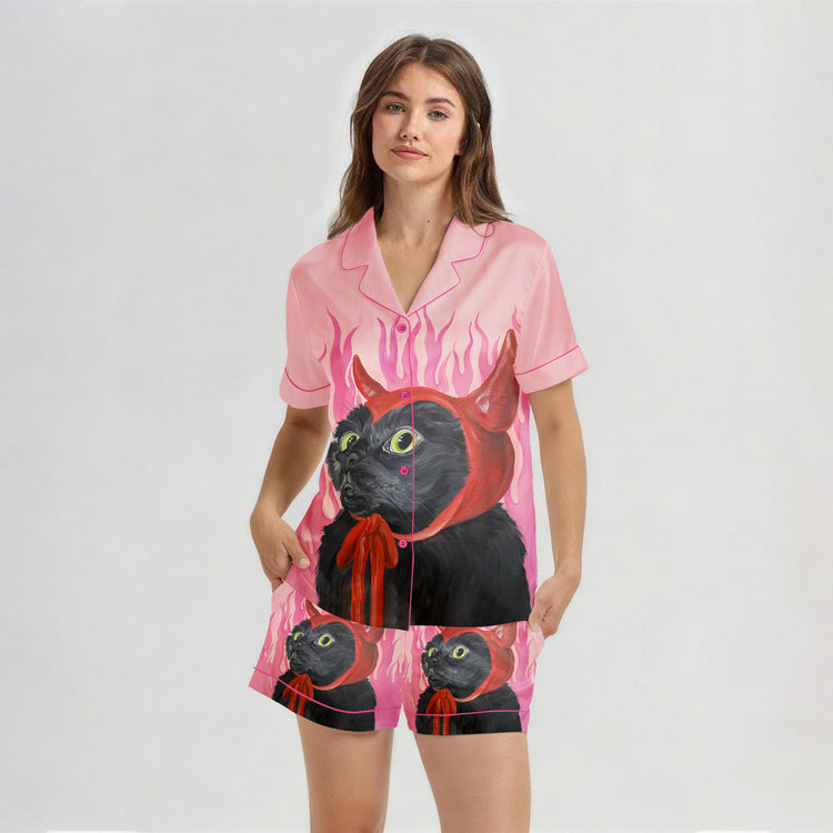Women's Oil Painting Devil Black Cat Short Sleeve Silky Satin Pajama Set front view