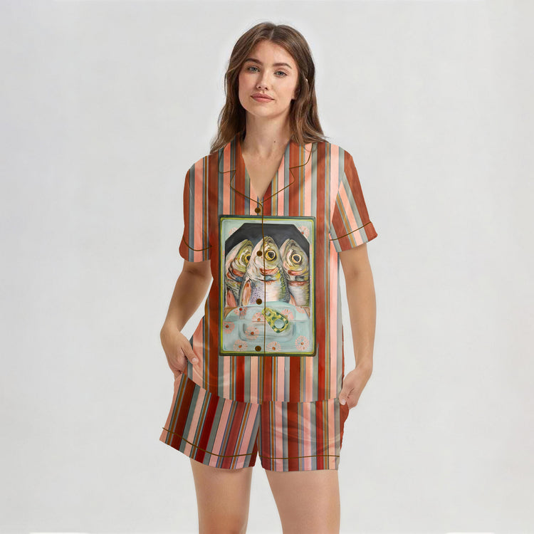 Women's Oil Painting Sardine Fish Short Sleeve Silky Satin Pajama Set front view