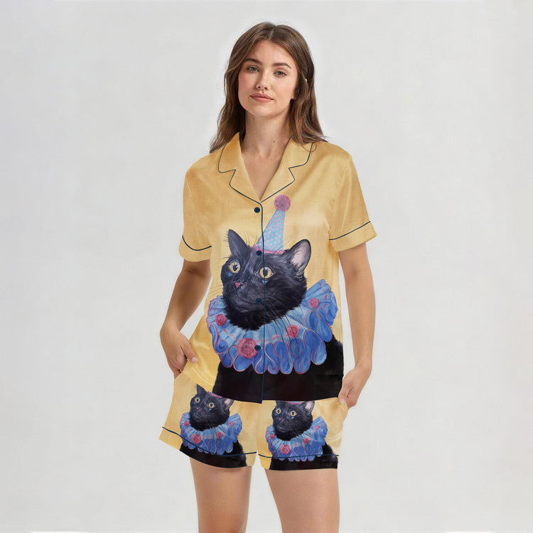 Women's Oil Painting Party Black Cat Short Sleeve Silky Satin Pajama Set front view