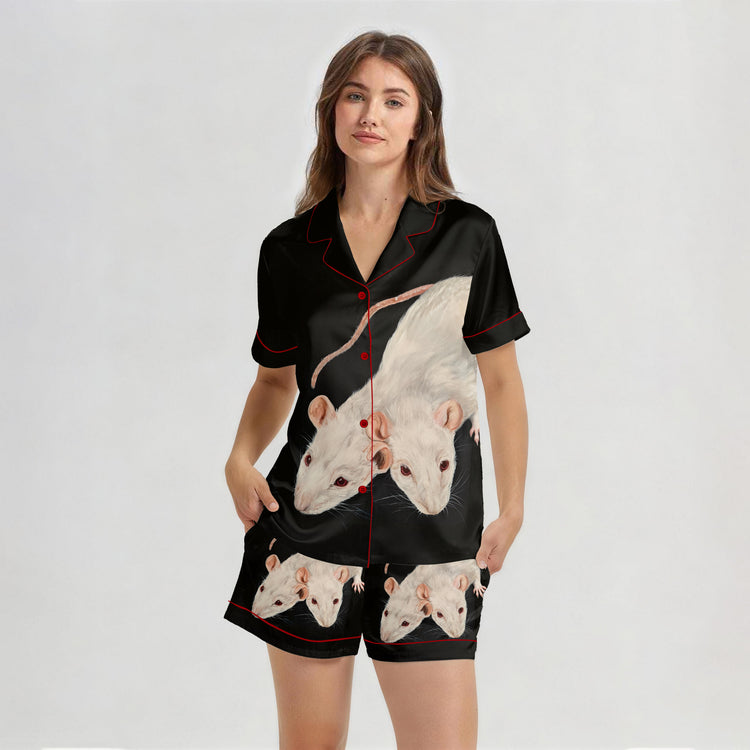 Women's Oil Painting White Mouse Short Sleeve Silky Satin Pajama Set front view