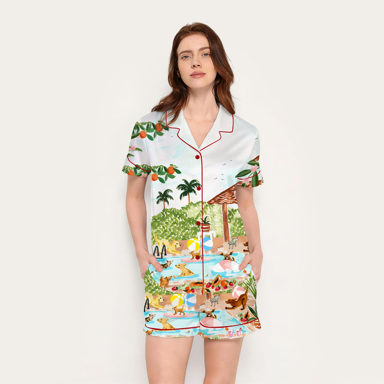 
                    
                      Women's Pool Party Dogs Short Sleeve Silky Satin Pajama Set front view
                    
                  