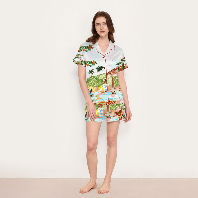 
                    
                      Women's Pool Party Dogs Short Sleeve Silky Satin Pajama Set full-length view
                    
                  
