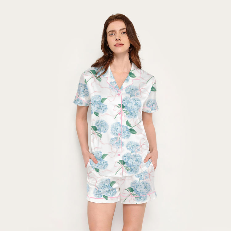 
                    
                      Women's Blue Hydrangea Pink Ribbon Short Sleeve Silky Satin Pajama Set front view
                    
                  