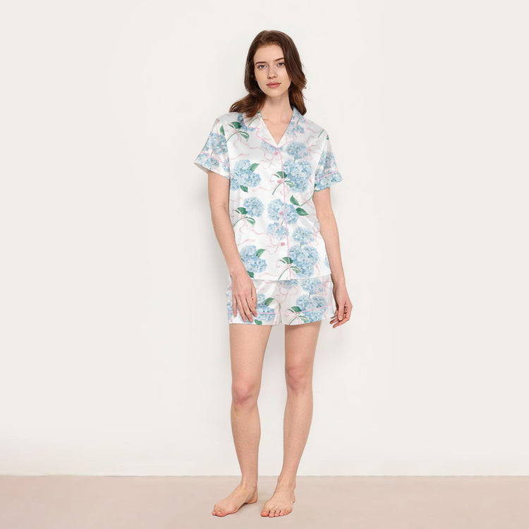 
                    
                      Women's Blue Hydrangea Pink Ribbon Short Sleeve Silky Satin Pajama Set full-length view
                    
                  