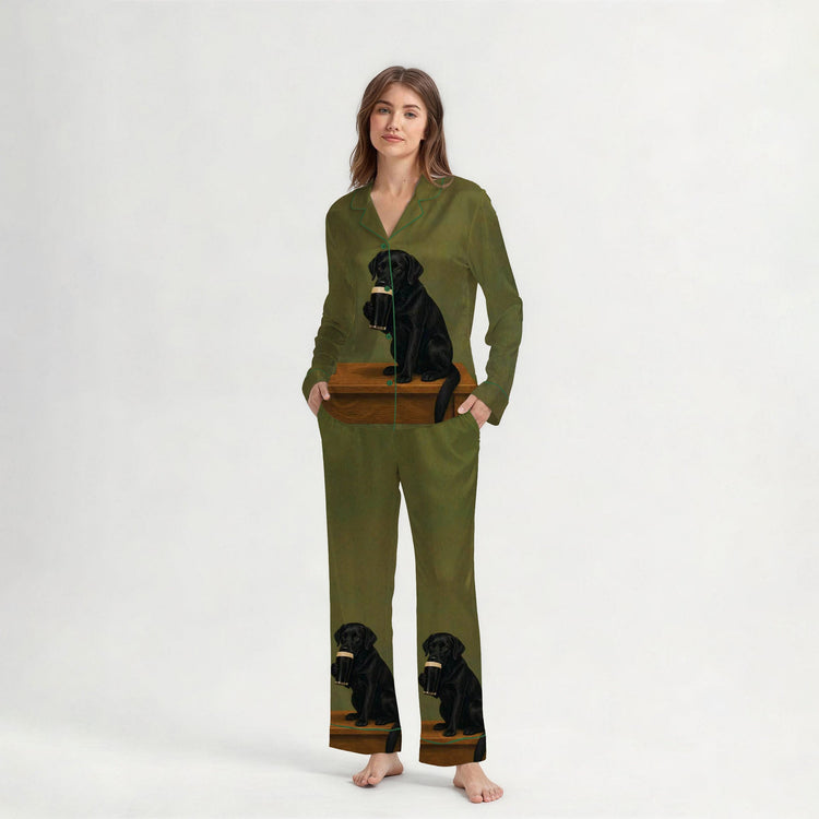 
                    
                      Women's Black Cat Coffee Long Sleeve Silky Satin Pajama Set front view
                    
                  