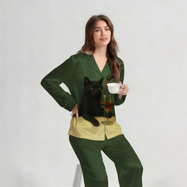 
                    
                      Women's Black Cat Garden Long Sleeve Silky Satin Pajama Set alternate view
                    
                  
