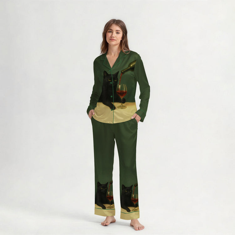 
                    
                      Women's Black Cat Garden Long Sleeve Silky Satin Pajama Set front view
                    
                  