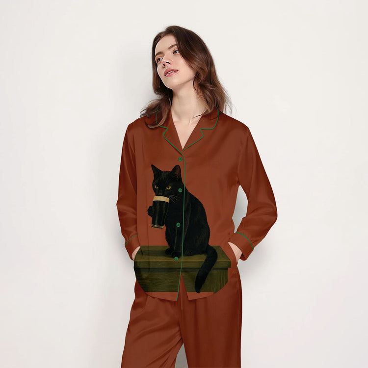
                    
                      Women's Black Cat Night Long Sleeve Silky Satin Pajama Set alternate view
                    
                  