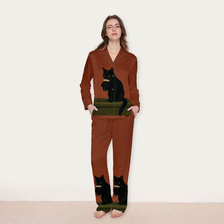 
                    
                      Women's Black Cat Night Long Sleeve Silky Satin Pajama Set front view
                    
                  