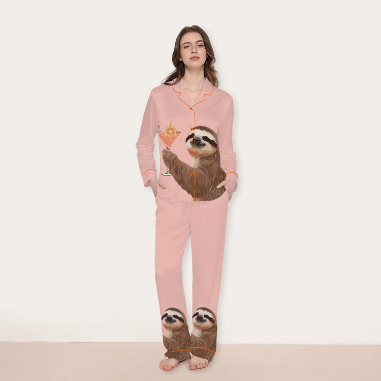 
                    
                      Women's Sloth Flower Long Sleeve Silky Satin Pajama Set front view
                    
                  