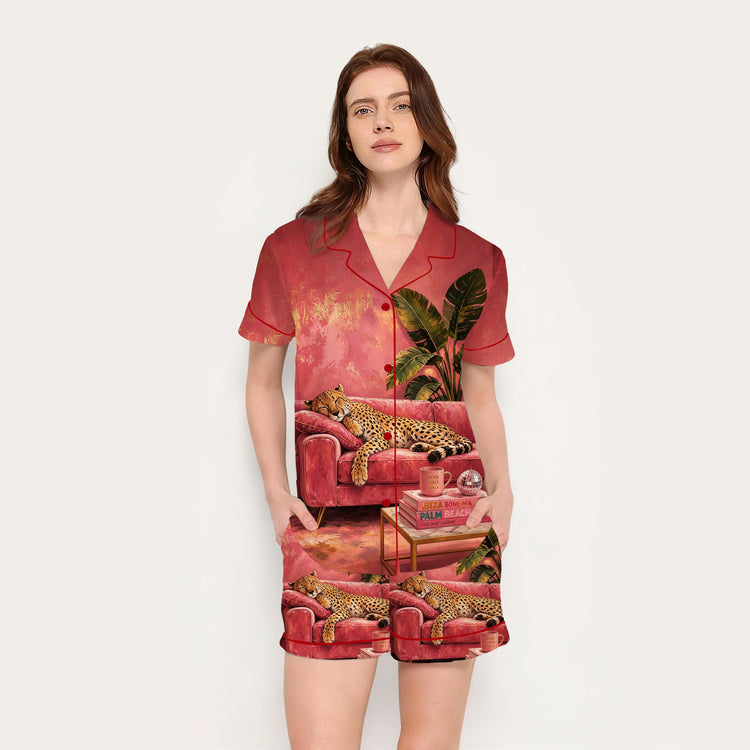 
                    
                      Women's Leopard Palm Beach Lounge Short Sleeve Silky Satin Pajama Set front view
                    
                  