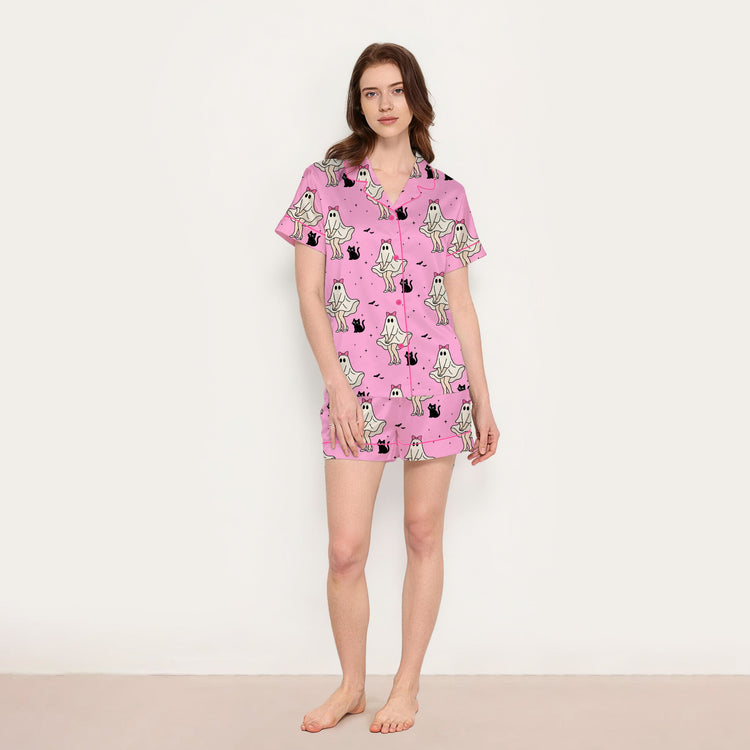 
                    
                      Women's Pink Cat Doodle Short Sleeve Silky Satin Pajama Set alternate view
                    
                  