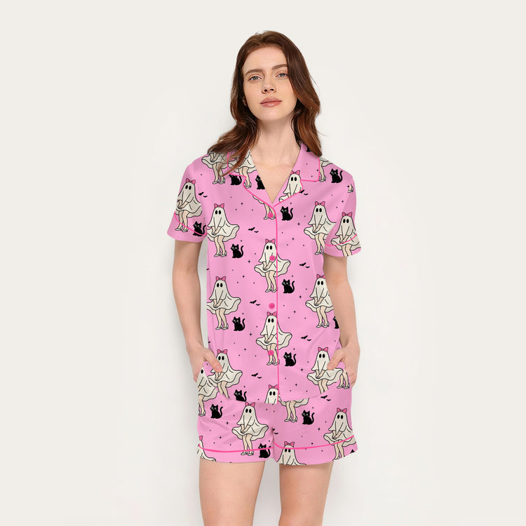 
                    
                      Women's Pink Cat Doodle Short Sleeve Silky Satin Pajama Set front view
                    
                  
