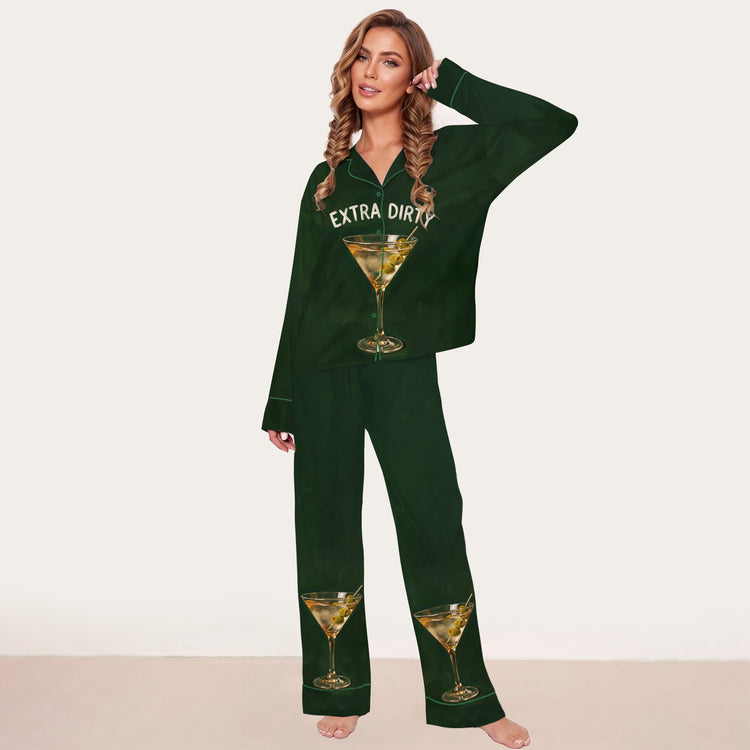 
                    
                      Women's Extra Dirty Martini Long Sleeve Silky Satin Pajama Set front view
                    
                  