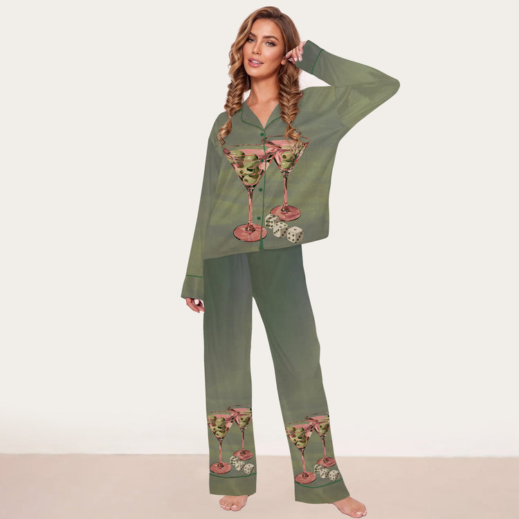 
                    
                      Women's Sage Floral Bird Long Sleeve Silky Satin Pajama Set front view
                    
                  
