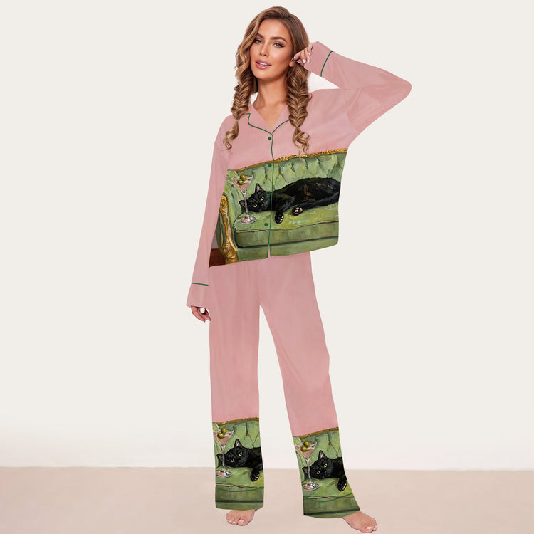 Women's Vintage Car Road Trip Long Sleeve Silky Satin Pajama Set front view