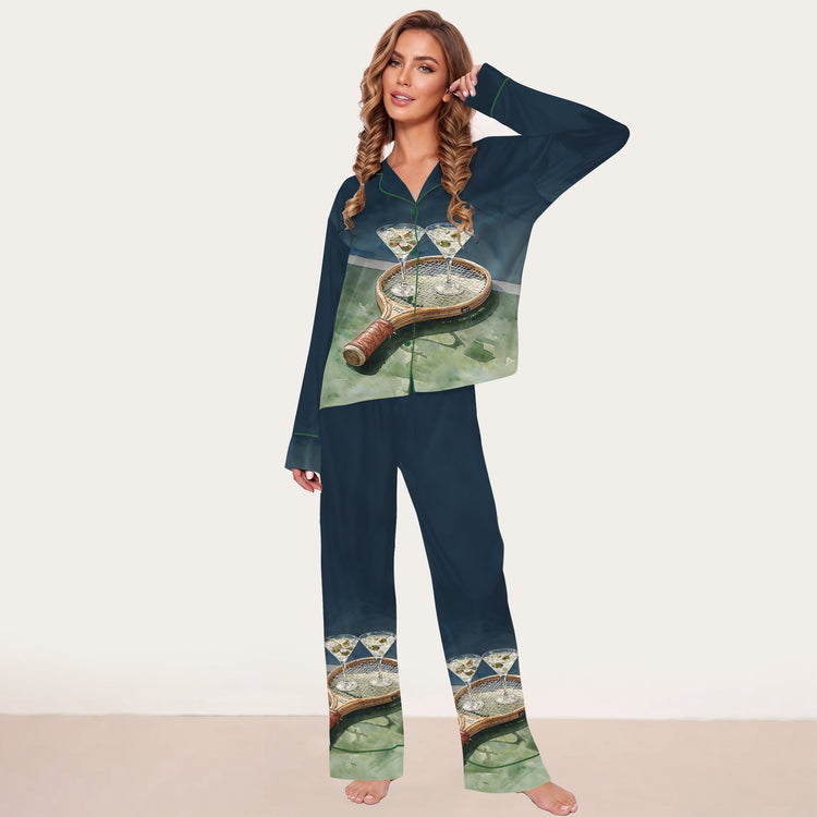Women's Blue Horse Painting Long Sleeve Silky Satin Pajama Set front view