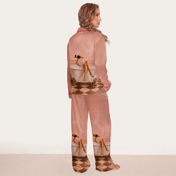 
                    
                      Women's Pink Bathtub Cocktail Bottle Legs Long Sleeve Silky Satin Pajama Set alternate view
                    
                  