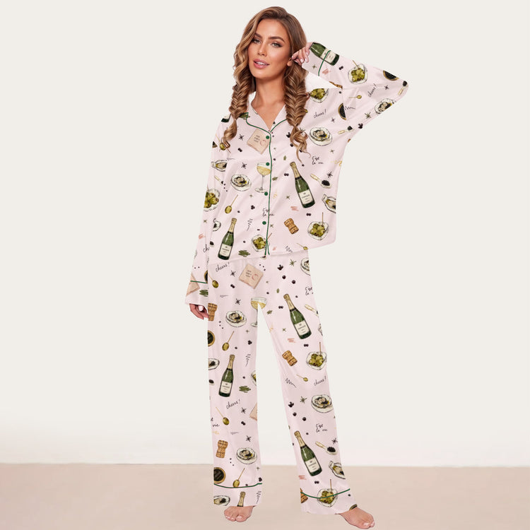 Women's Botanical Garden Long Sleeve Silky Satin Pajama Set front view
