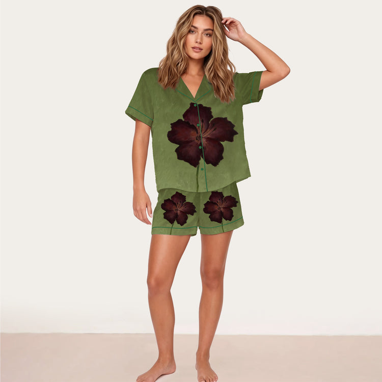 
                    
                      Women's Burgundy Hibiscus Short Sleeve Silky Satin Pajama Set front view
                    
                  