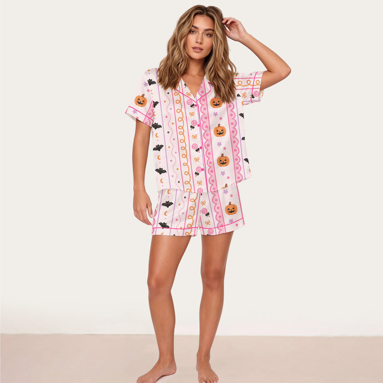 
                    
                      Women's Pink Halloween Pumpkin Bat Bow Short Sleeve Silky Satin Pajama Set front view
                    
                  