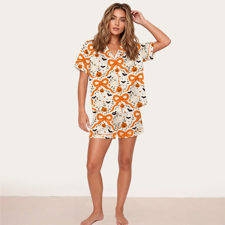 
                    
                      Women's Orange Bow Ghost Pumpkin Bat Short Sleeve Silky Satin Pajama Set front view
                    
                  
