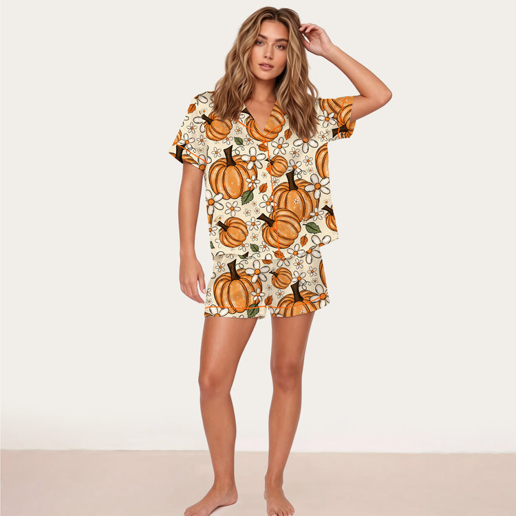 
                    
                      Women's Orange Pumpkin Daisy Short Sleeve Silky Satin Pajama Set front view
                    
                  
