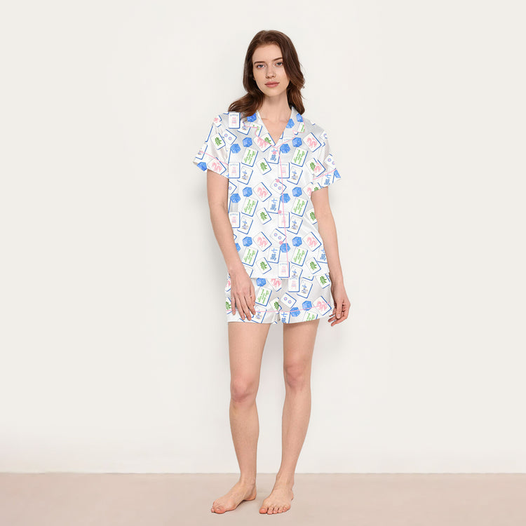 
                    
                      Women's Blue Mahjong Tiles Dragon Dice Short Sleeve Silky Satin Pajama Set alternate view
                    
                  