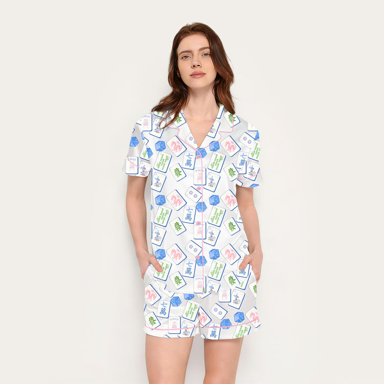 
                    
                      Women's Blue Mahjong Tiles Dragon Dice Short Sleeve Silky Satin Pajama Set front view
                    
                  