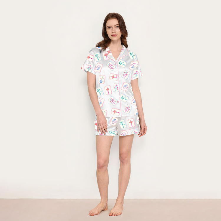 
                    
                      Women's Pink Mahjong Tiles Bamboo Dragon Flower Short Sleeve Silky Satin Pajama Set alternate view
                    
                  