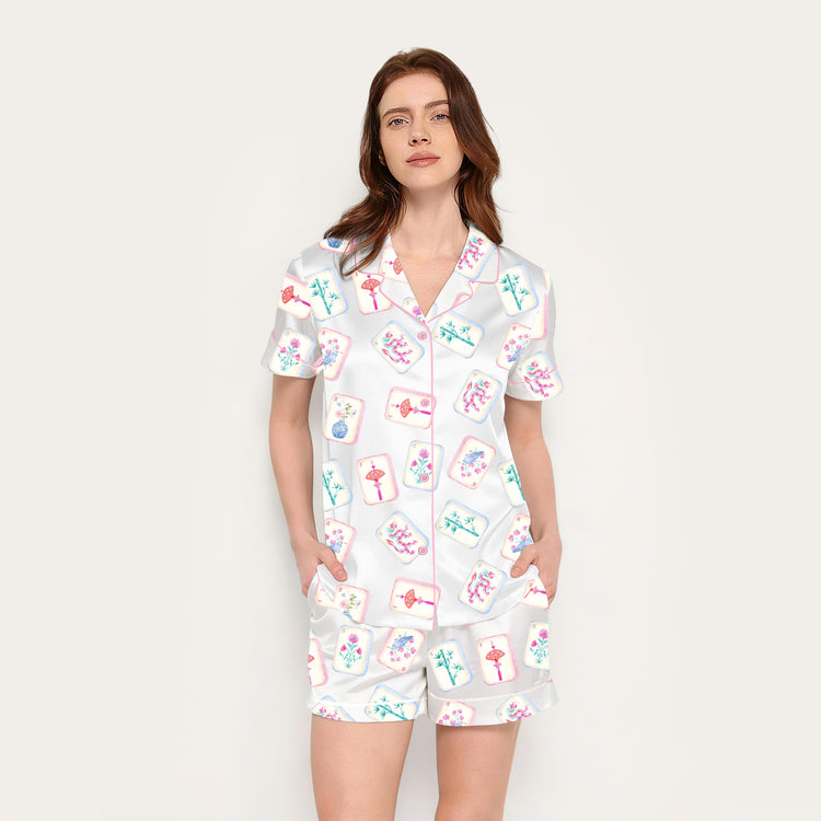 
                    
                      Women's Pink Mahjong Tiles Bamboo Dragon Flower Short Sleeve Silky Satin Pajama Set front view
                    
                  
