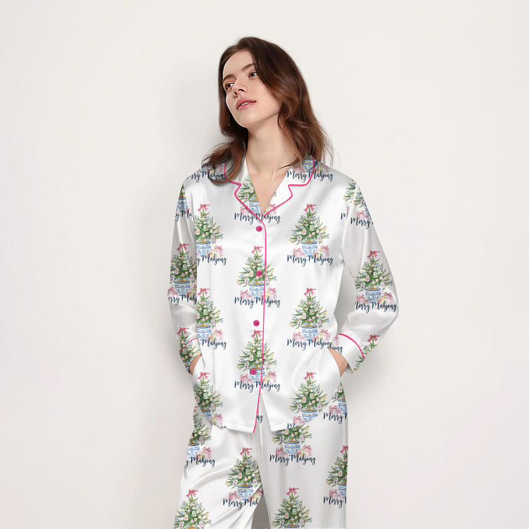 
                    
                      Women's Merry Mahjong Christmas Tree Long Sleeve Silky Satin Pajama Set alternate view
                    
                  