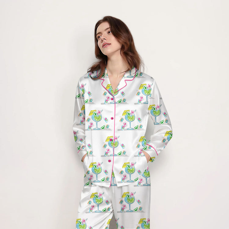 
                    
                      Women's Lime Cocktail Telephone Long Sleeve Silky Satin Pajama Set alternate view
                    
                  