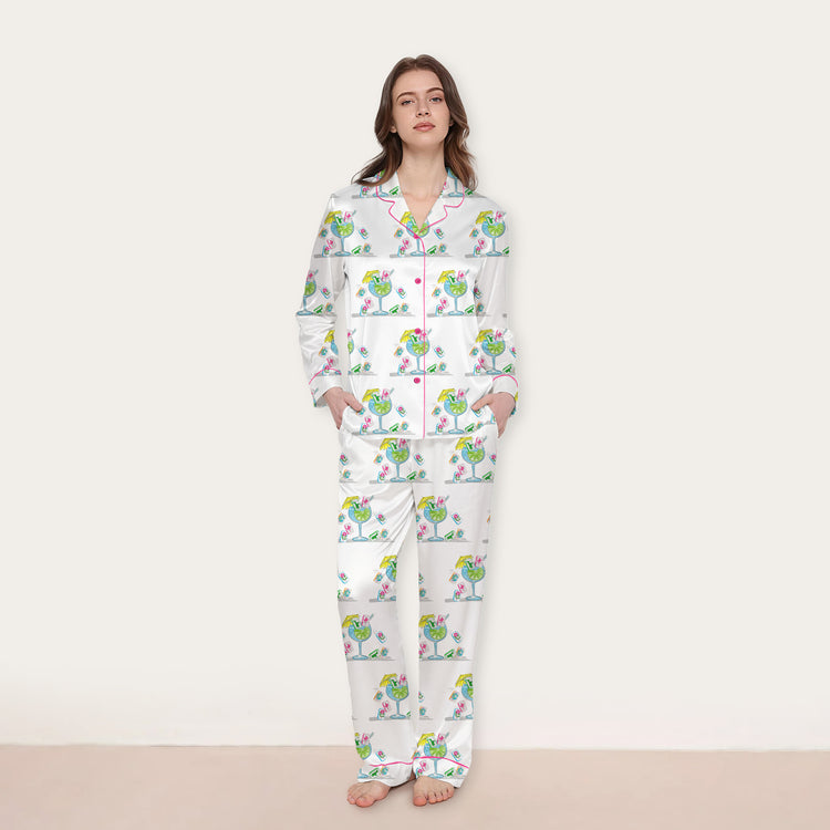 
                    
                      Women's Lime Cocktail Telephone Long Sleeve Silky Satin Pajama Set front view
                    
                  