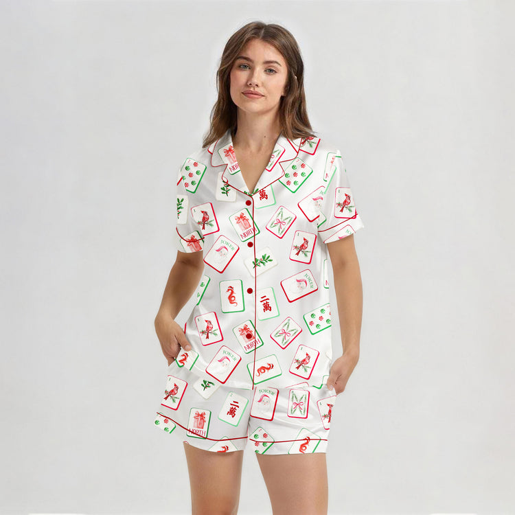 
                    
                      Women's Christmas Mahjong Cardinal Joker Short Sleeve Silky Satin Pajama Set front view
                    
                  