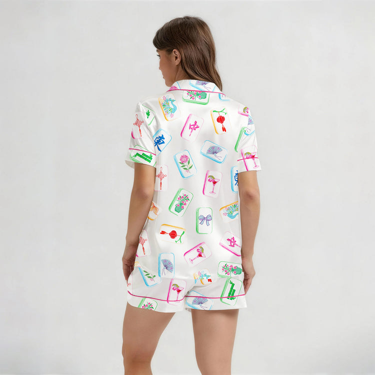 
                    
                      Women's Mahjong Flower Lantern Cocktail Short Sleeve Silky Satin Pajama Set alternate view
                    
                  