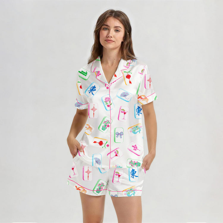 
                    
                      Women's Mahjong Flower Lantern Cocktail Short Sleeve Silky Satin Pajama Set front view
                    
                  