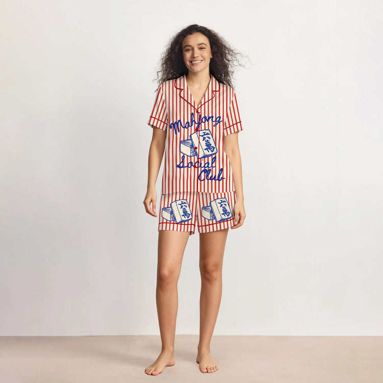 
                    
                      Women's Mahjong Social Club Red Stripe Short Sleeve Silky Satin Pajama Set front view
                    
                  