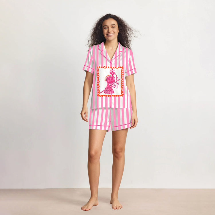 
                    
                      Women's Peacock Cocktail Cheers Pink Stripe Short Sleeve Silky Satin Pajama Set front view
                    
                  