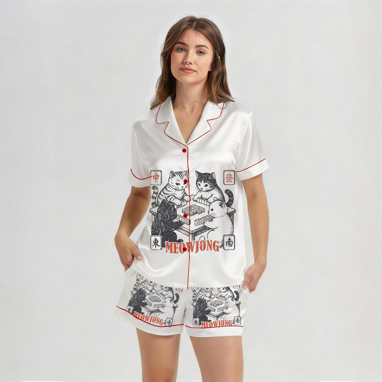 
                    
                      Women's Meowjong Cats Mahjong Short Sleeve Silky Satin Pajama Set front view
                    
                  