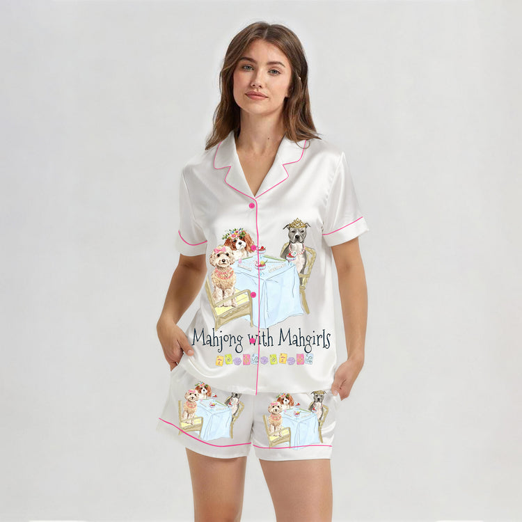 
                    
                      Women's Mahjong With My Girls Dogs Short Sleeve Silky Satin Pajama Set front view
                    
                  