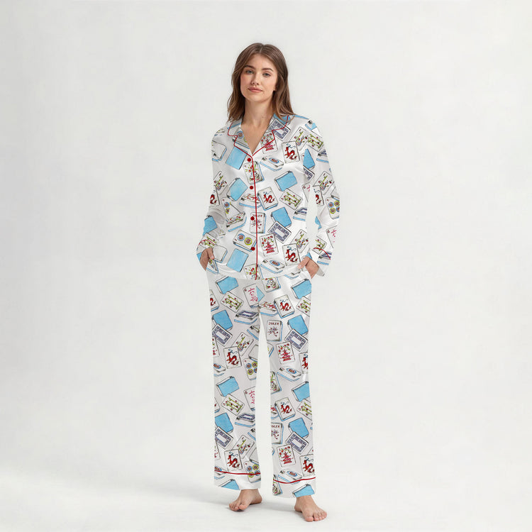 
                    
                      Women's Blue Mahjong Tiles Dragon Flower Long Sleeve Silky Satin Pajama Set alternate view
                    
                  