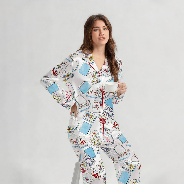 
                    
                      Women's Blue Mahjong Tiles Dragon Flower Long Sleeve Silky Satin Pajama Set front view
                    
                  