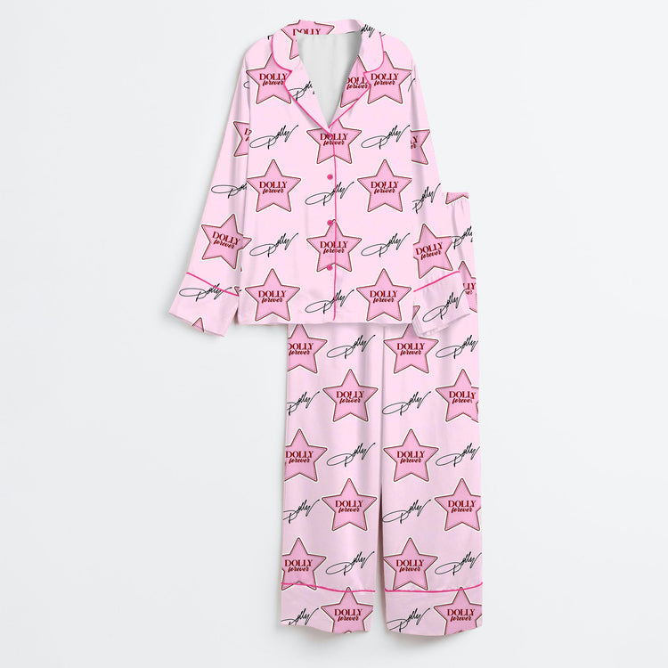 Women's RIP Dolly Forever Pink Country Music Long Sleeve Silky Satin Pajama Set